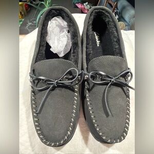 Clarks Mens Moccasin Suede Leather Slippers Shoes Faux Fur 11M Dark Grey New